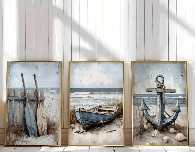 3 coastal art prints — oars, boat and anchor nautical designs