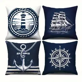 4 nautical cushion covers — lighthouse, anchor, compass and sailing ship designs