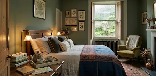 Well-styled British BnB room with coastal character, curated details and warm lighting that stands out from generic listings