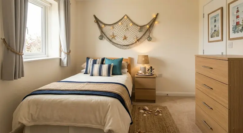 Coastal themed BnB bedroom with nautical cushions, fishing net and coordinated decor — styled to justify a higher nightly rate after FHL abolition