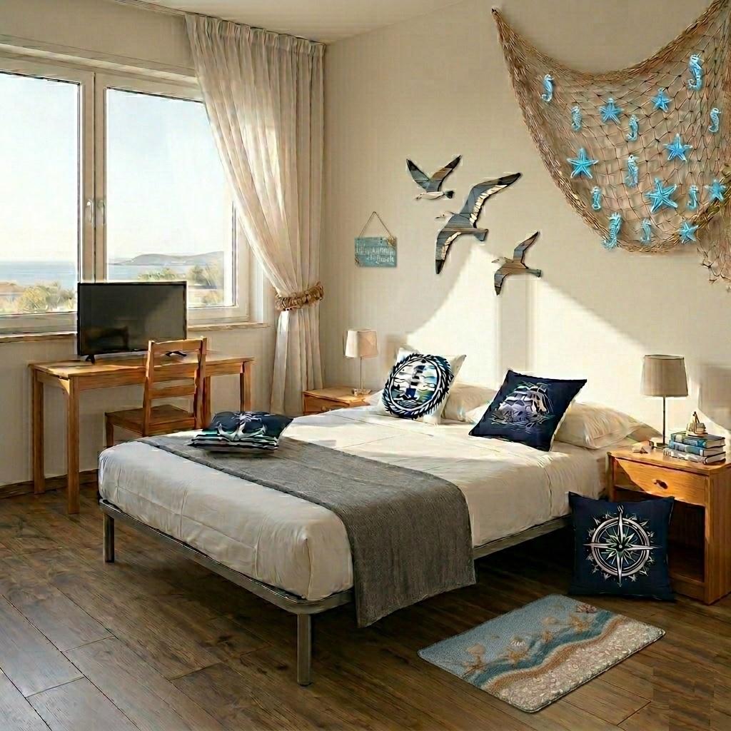 Coastal themed holiday let room with strong sense of place — decorated with KittedStay Coastal Kit including nautical wall art, cushions and rug
